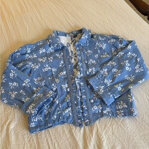 1990s Cottagecore Cropped Blue Floral Ruffle-Trim Button Jacket